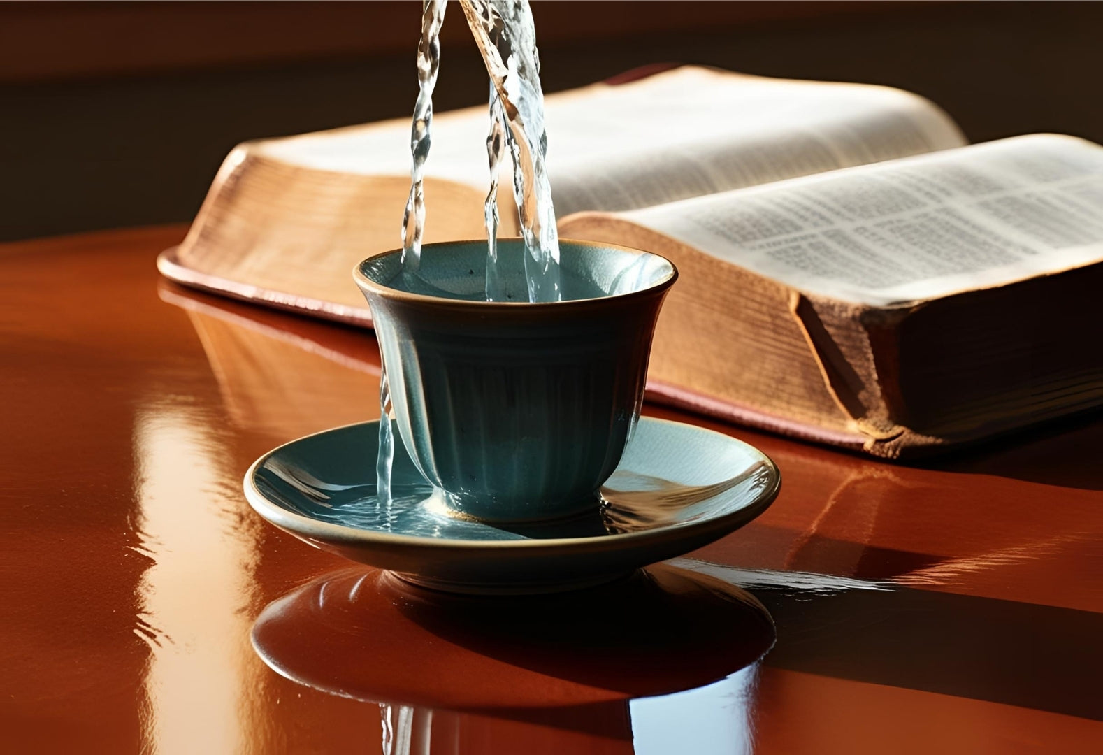 Who's pouring water into your cup? A cup being filled with water with a Bible behind it on a table.