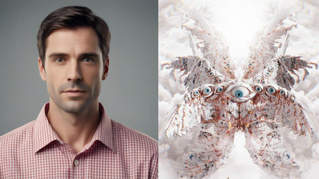 On the left a Human man and on the right a Biblical Angel with multiple wings and eyes, they are not the same.